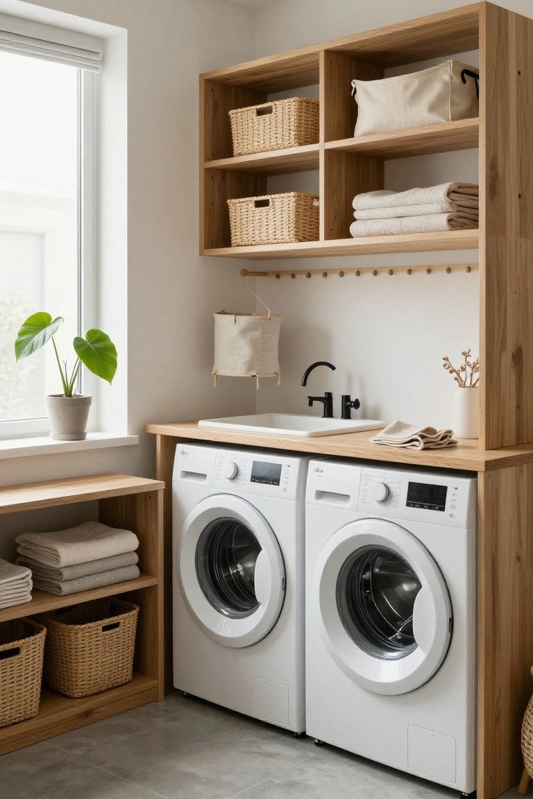 Laundry room with two white Electrolux washer-dryers integrated into light oak cabinets, open shelving with wicker baskets and towels, wooden countertop utility sink with black faucet, potted plants, and window.