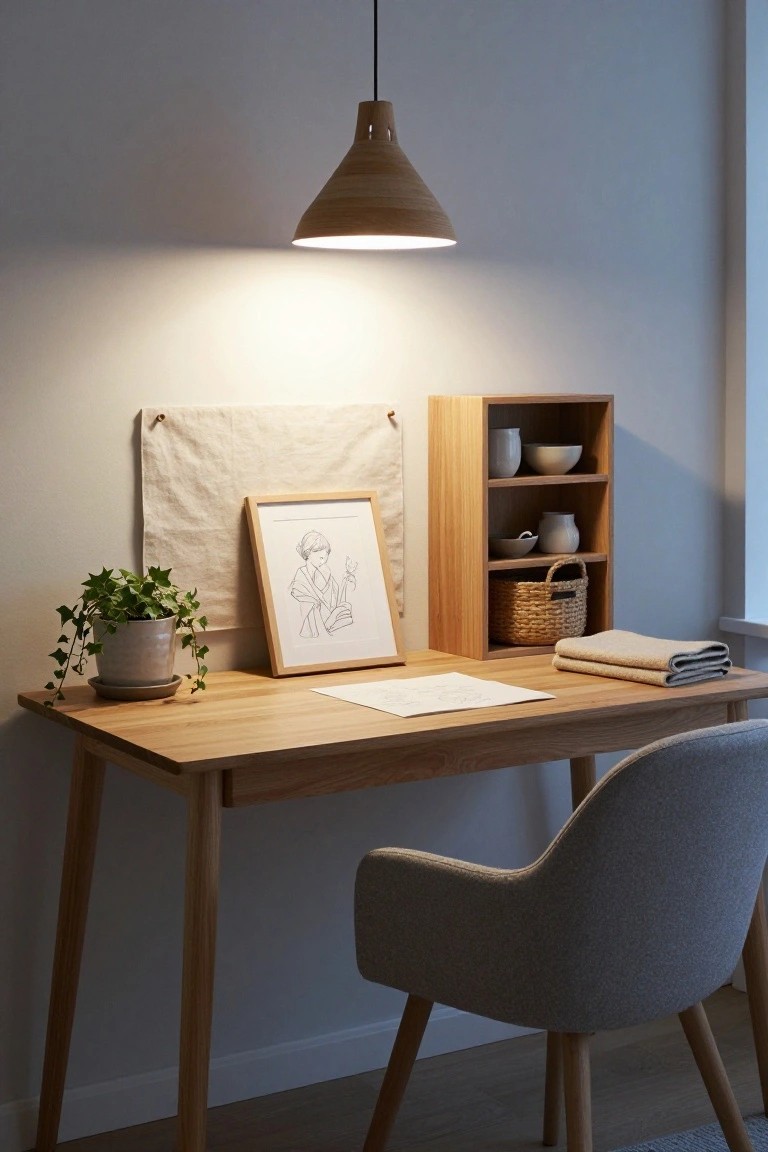 A conical wooden pendant light hangs over a wooden desk with a gray upholstered chair in a light gray room, next to wooden shelves with ceramics and a potted ivy plant.