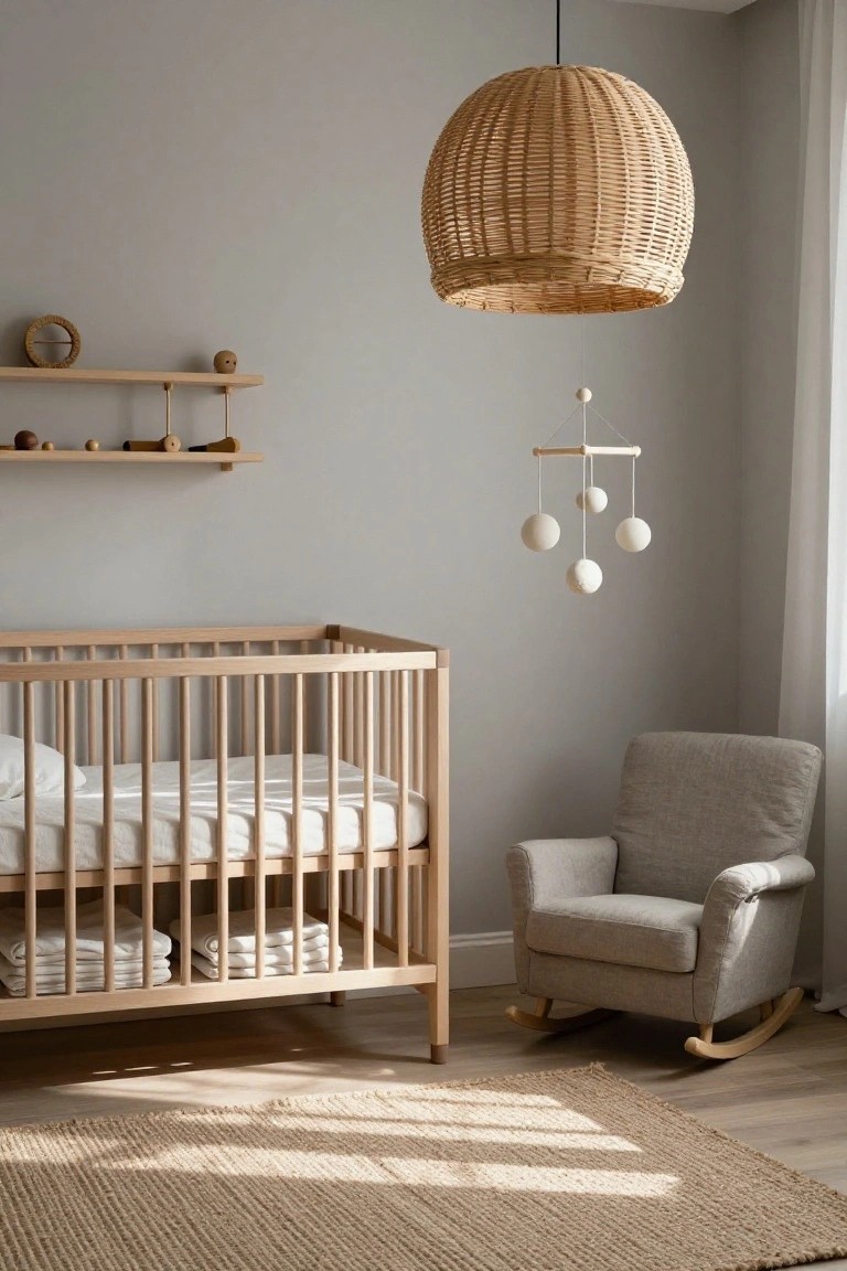 A light gray nursery with a wooden crib containing a white sheet and pillow, stacked white sheets in the underdrawer, wooden toy shelves, a white mobile with round balls, a gray rocking chair, beige rug, and a large hanging woven rattan pendant light.