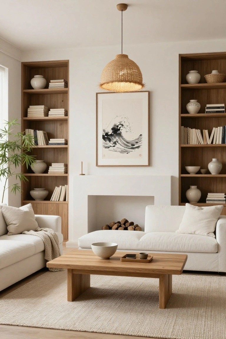 A Japandi living room with built-in wooden bookshelves holding books and white ceramics, two white sofas around an oak coffee table, a white fireplace with logs, a large woven rattan pendant light hanging centrally, and a cream seagrass rug on light wood floors.