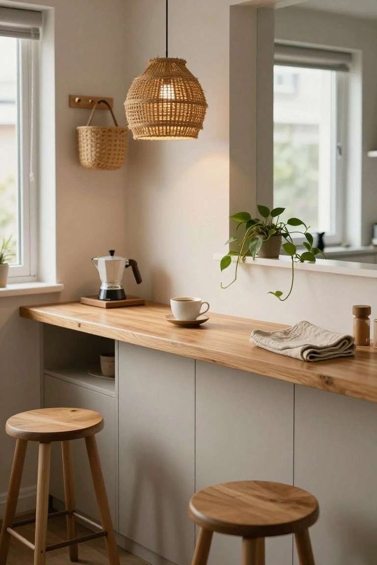 Japandi kitchen nook with woven rattan pendant light hanging over wooden counter holding moka pot on stand and white coffee cup on saucer, two wooden stools below, neutral cabinets, plants, and window nearby.