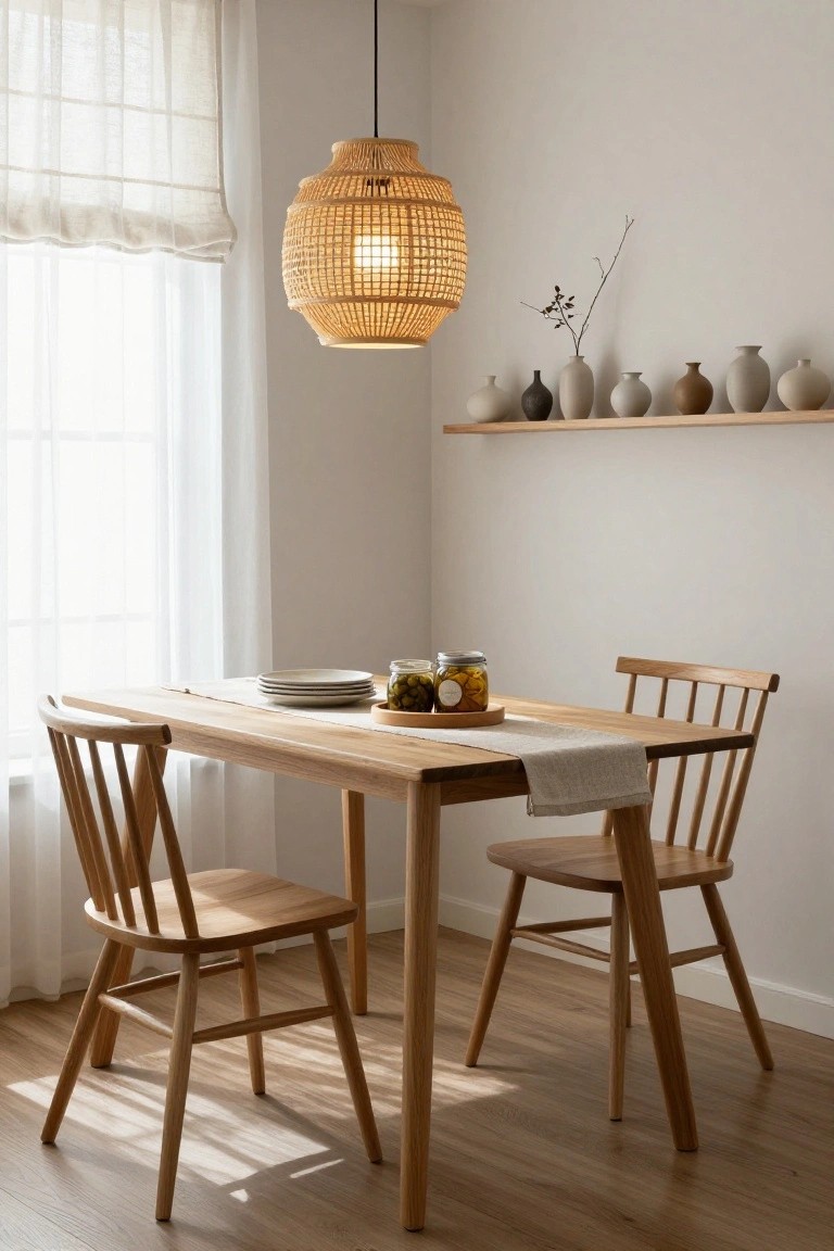 Indoor corner dining area with wooden table, two spindle-back chairs, woven rattan pendant light overhead, jars on table, pottery on wall shelf, sheer curtained window, light wood floor.