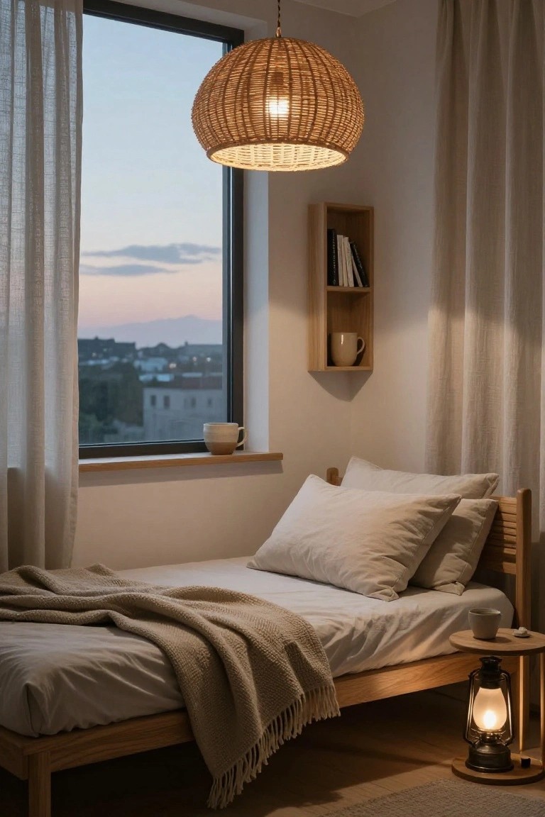 Cozy bedroom with woven rattan pendant light hanging from ceiling over wooden bed with white sheets and gray throw blanket, large window with sheer curtains showing cityscape at dusk, wooden shelf with mug and books, lantern on side table.