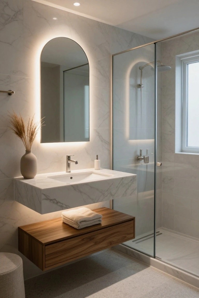 Modern bathroom with white marble walls and floating vanity sink, backlit arched mirror above the sink, wooden floating shelf with folded towels below, glass shower enclosure, potted pampas grass on counter, and ottoman stool.