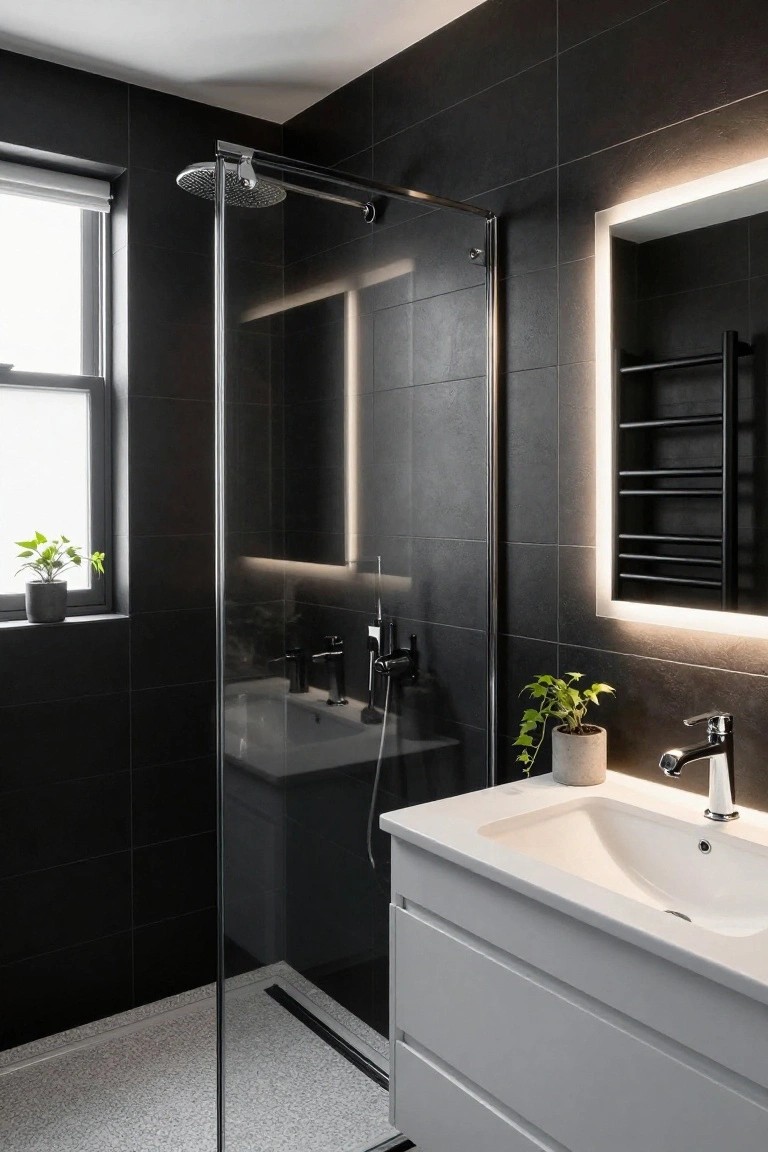 Modern bathroom with black tiles on walls and floor, glass shower enclosure, white floating vanity and sink, rectangular backlit mirror, black towel radiator, and potted plants by a window with roller blind.