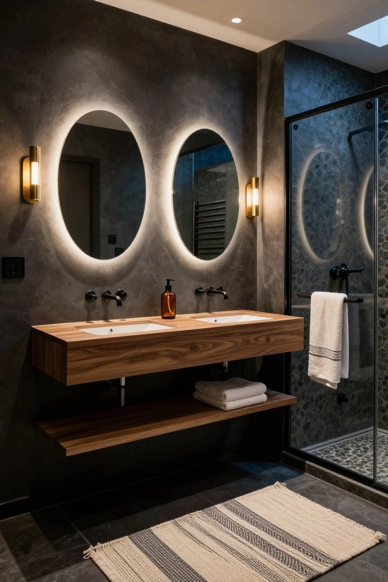 Modern bathroom with dark textured walls, floating wooden double vanity with two white sinks and black faucets, two large backlit oval mirrors, glass shower enclosure with pebble tiles, and woven rug on dark floor.