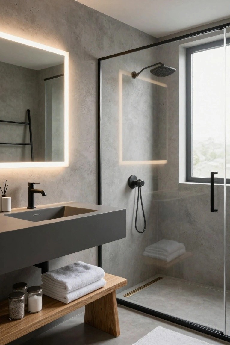 Modern bathroom featuring grey textured walls, a rectangular backlit mirror above a black matte sink, wooden bench, glass shower enclosure with black fixtures, and white towels.