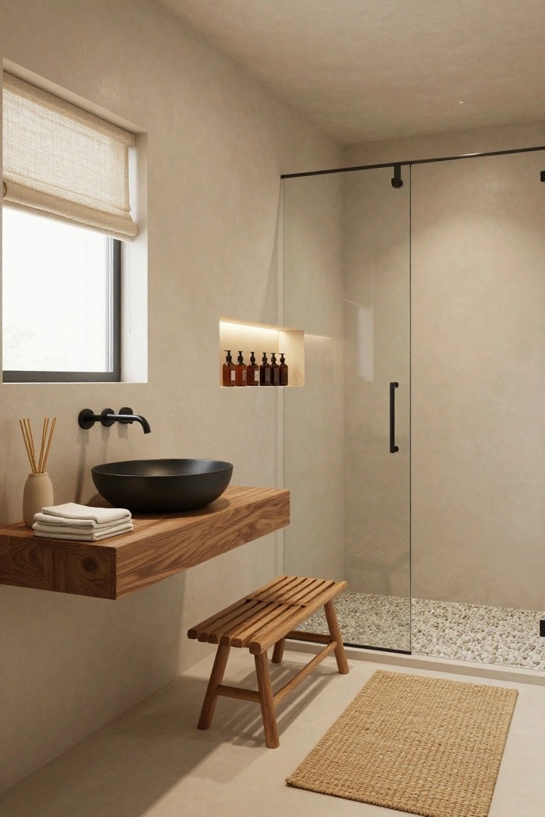 Beige minimalist bathroom with floating wooden vanity holding black bowl sink, glass shower enclosure, backlit wall niche with amber bottles, wooden bench, reed diffuser, and seagrass rug.