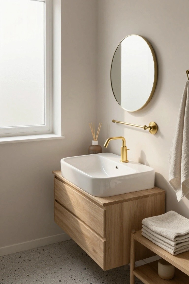 A minimalist bathroom with a floating oak vanity under a white rectangular sink, brass gooseneck faucet, round brass-framed mirror on a beige wall, gold towel bar with linen towel, stacked towels on a wooden shelf, reed diffuser, frosted window, and speckled terrazzo floor.