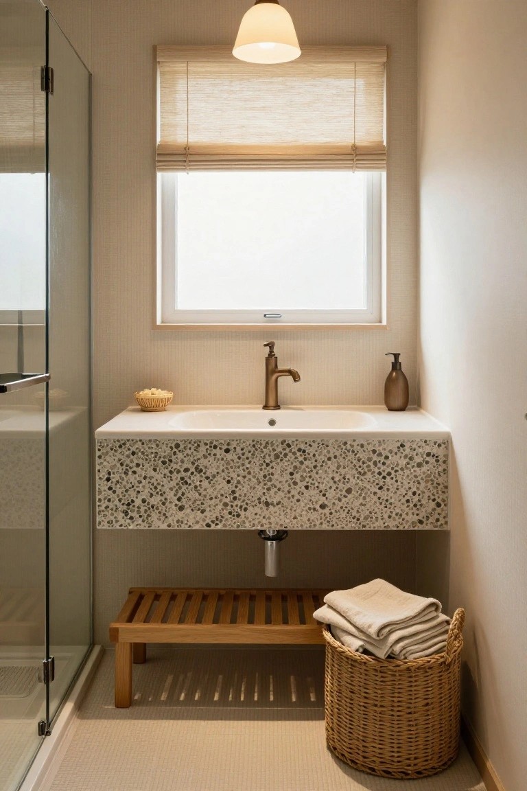 Compact bathroom interior with glass shower enclosure, floating vanity featuring white basin and speckled countertop, brass faucet, small woven basket of bath salts, wooden stool, stacked towels in wicker basket, cream pendant lamp overhead, and window with bamboo blinds.