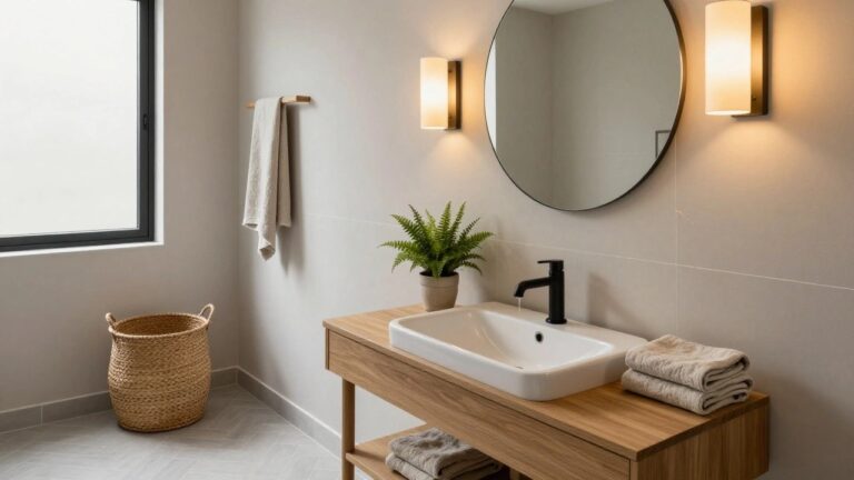25 Cozy Bathroom Lighting Inspiration For Relaxed Nights Modern bathroom with floating oak vanity, white vessel sink, black faucet, round black-framed mirror flanked by two white wall sconces with black bases, ferns in pots, folded towels, woven basket, and light gray herringbone tile floor.