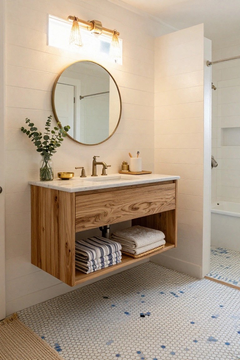 Bathroom interior with floating oak wood vanity topped in white marble, large round gold-framed mirror, gold sconces with fringed shades mounted on white shiplap wall, eucalyptus in glass vase, folded towels on open shelf below, adjacent white shower and tub, white hexagon tile floor with blue accents.