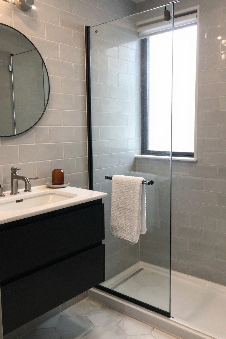 Modern bathroom featuring gray subway tile walls, a black double-drawer vanity with white sink, brushed nickel faucet, round black-framed mirror, wall-mounted cylindrical sconce light, glass shower enclosure, white towel on grab bar, and a large window with roller shade.