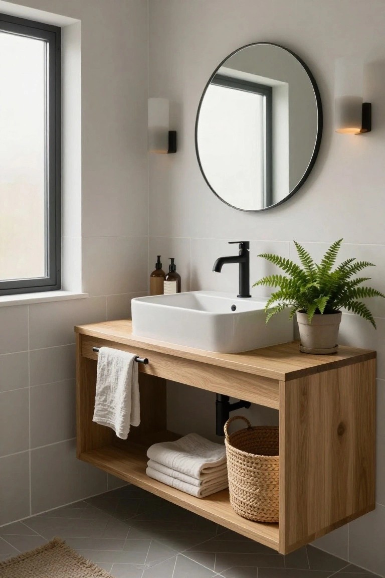 Modern bathroom with floating oak vanity, white vessel sink, black faucet, round black-framed mirror flanked by two white wall sconces with black bases, ferns in pots, folded towels, woven basket, and light gray herringbone tile floor.