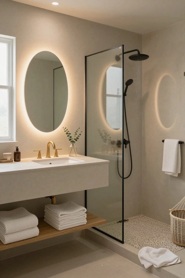 Contemporary bathroom with floating beige vanity, gold faucet and handles, oval backlit mirror above, black-framed glass shower enclosure with rain showerhead, pebble shower floor, and white towels on shelves.