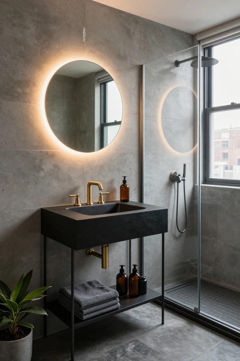 Modern bathroom with gray concrete-like tile walls and floor, black matte sink on black metal stand with gold faucet, large round mirror with warm LED backlighting, glass shower enclosure with rainfall showerhead, amber glass bottles, folded gray towels, and potted green plant.
