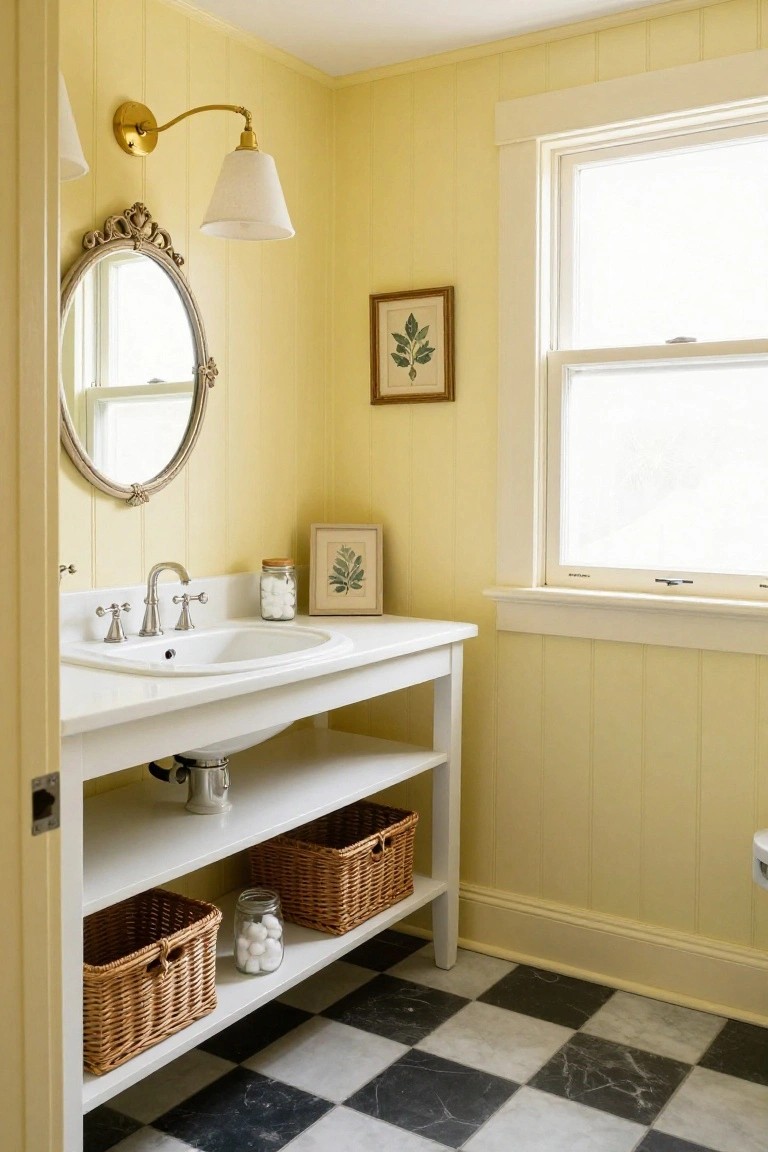 Small bathroom with pale yellow paneled walls, white farmhouse sink on wooden vanity with shelves holding wicker baskets and jars, black and white checkered marble floor, brass swing-arm wall sconces with white shades flanking an oval mirror, framed leaf art, and a double-hung window.