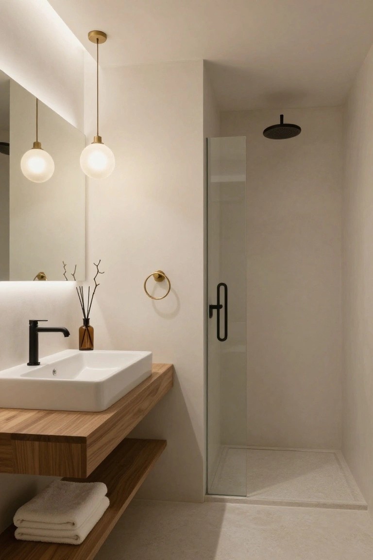 Modern bathroom featuring a wooden floating vanity with white vessel sink, black faucet, glass shower enclosure with black rain showerhead, gold towel ring and pendant lights with white globes, reed diffuser, and folded towels on shelf.