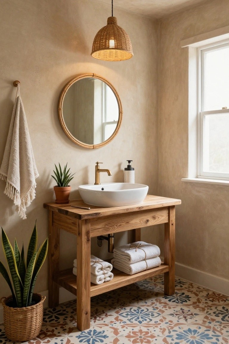 Bathroom with beige textured walls, wooden vanity holding white bowl sink and folded towels, round rattan mirror, hanging towel, potted plants, soap dispenser, brass faucet, woven pendant lamp overhead, and colorful patterned tile floor.
