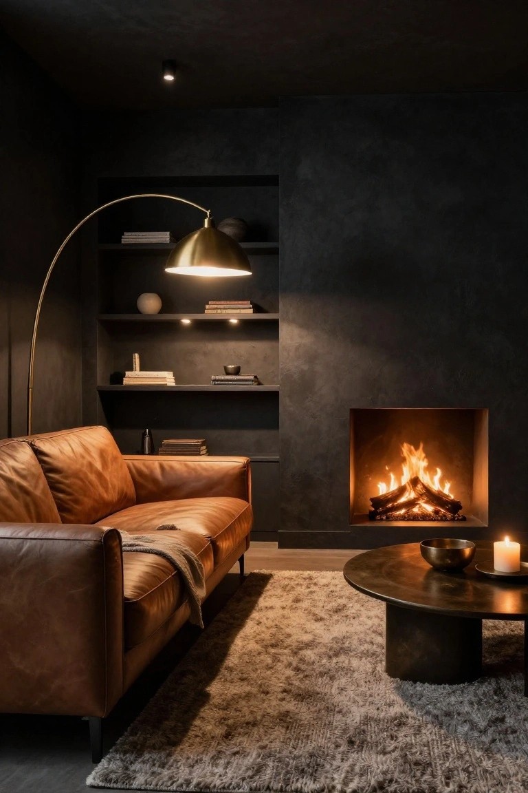 Dark-walled living room with tan leather sofa, tall brass arc floor lamp, built-in shelves with books and ceramics, inset fireplace with logs burning, round bronze coffee table holding a bowl and candle, and light shag rug.