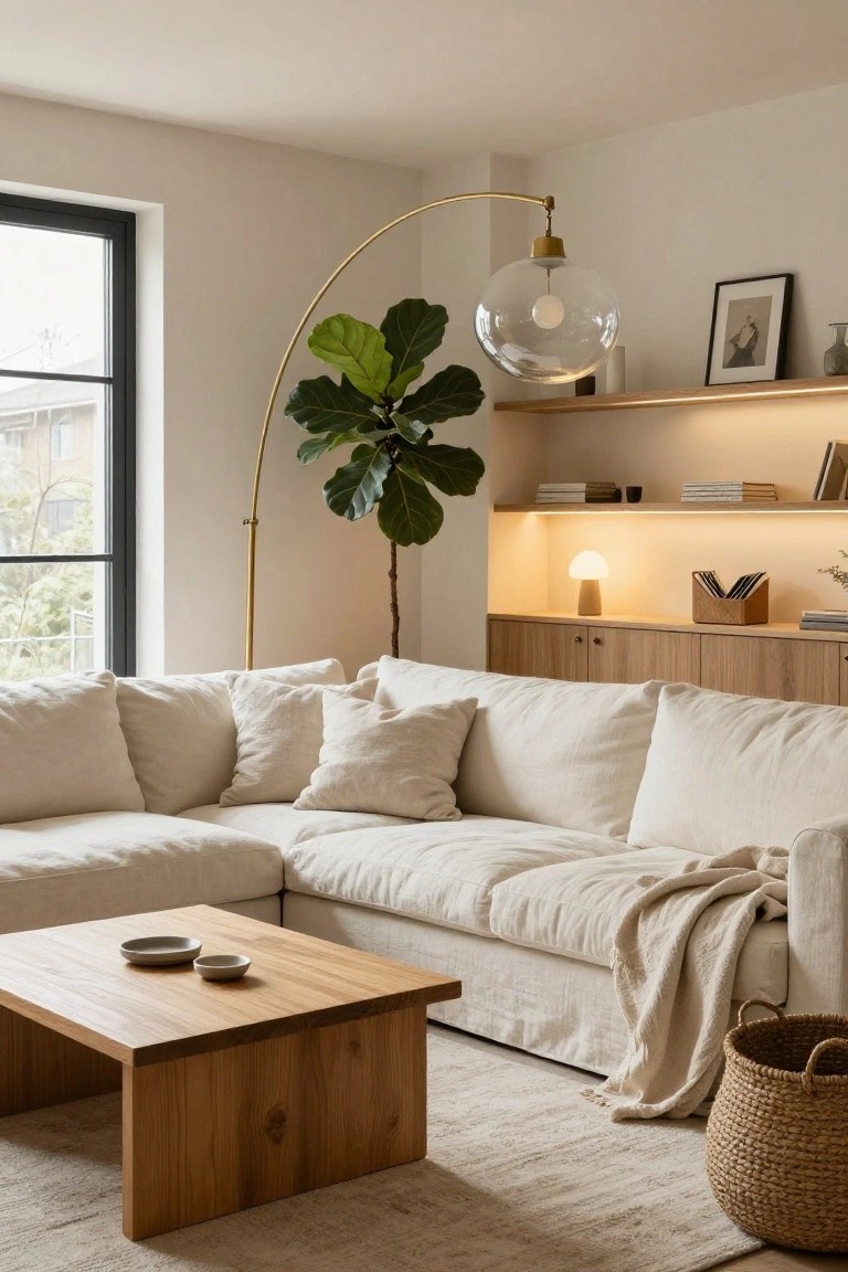 A light-filled living room featuring a beige linen L-shaped sofa, low wooden coffee table, tall fiddle leaf fig plant beside a gold arched floor lamp with large clear glass globe shade, built-in wooden shelves with warm underlighting and a small mushroom lamp, and a black-framed window.