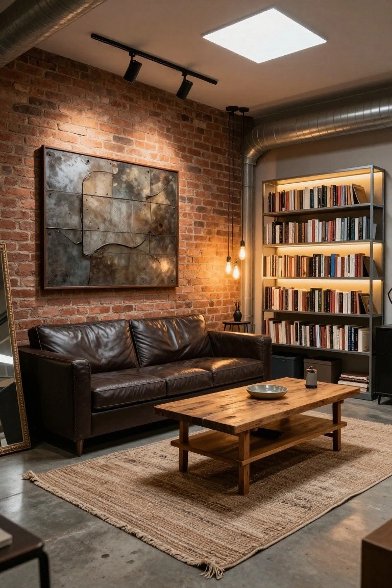 Industrial living room with exposed brick wall, abstract metal artwork, brown leather sofa, wooden coffee table on jute rug, backlit metal bookshelves with books, track lighting, pendant lamps, and polished concrete floor.