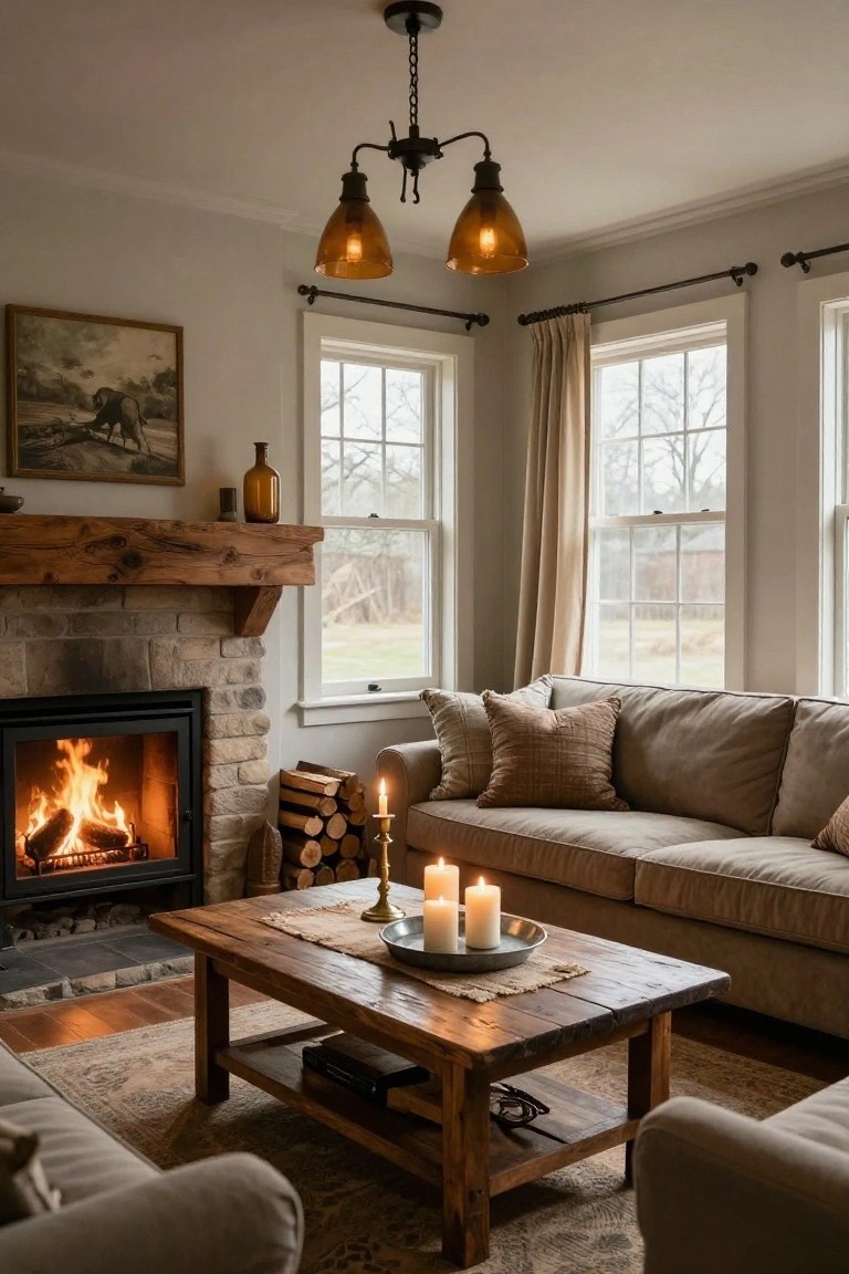 A cozy living room with a lit stone fireplace, wooden coffee table holding multiple burning candles, beige sofa with pillows, and bronze pendant lights hanging near large curtained windows.
