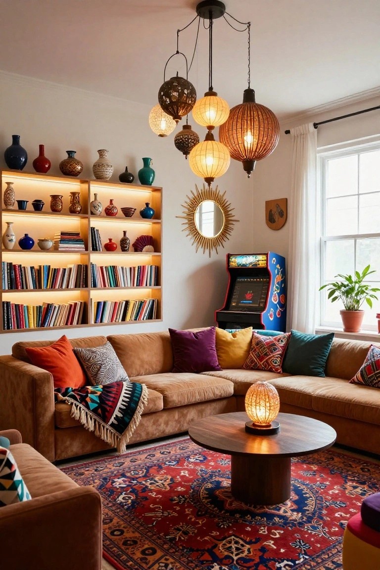 Living room with modular brown sofa accented by colorful pillows and throw, red patterned rug, round wooden coffee table with gourd lamp, backlit wooden shelves holding books and ceramics, retro arcade machine, and cluster of assorted pendant lights hanging from ceiling.