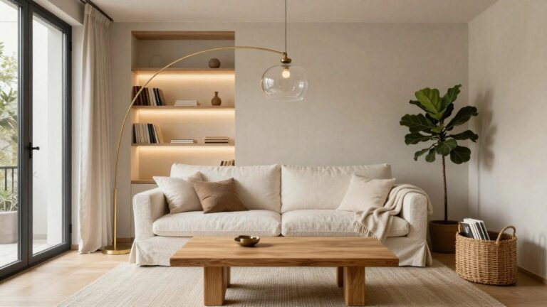 A light-filled living room featuring a beige linen L-shaped sofa, low wooden coffee table, tall fiddle leaf fig plant beside a gold arched floor lamp with large clear glass globe shade, built-in wooden shelves with warm underlighting and a small mushroom lamp, and a black-framed window.