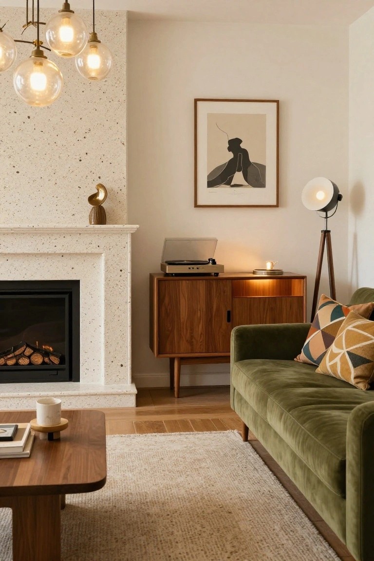 A living room with a cluster of five clear glass globe pendant lights hanging above a wooden coffee table, green velvet sofa, wooden credenza with record player, tripod floor lamp, and fireplace against a textured white wall.