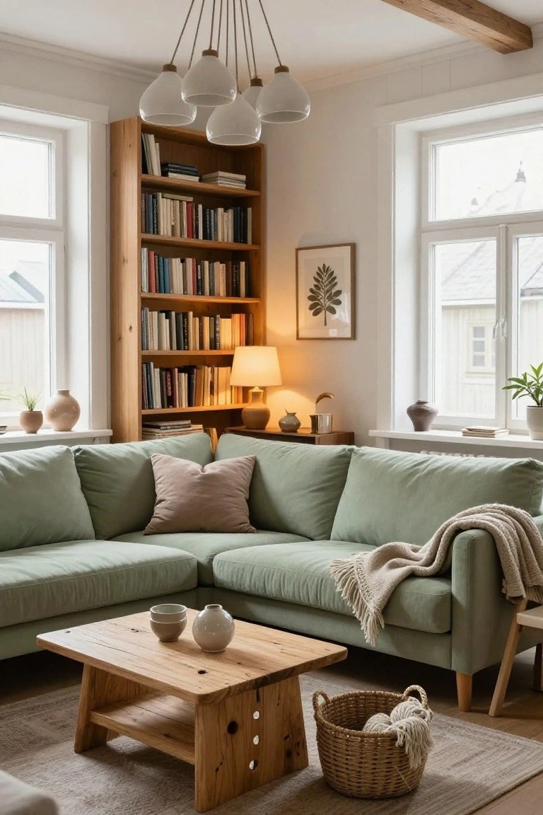 A cozy living room corner with sage green sofa, wooden coffee table, tall wooden bookshelf with books, multi-globe white pendant light overhead, table lamp on side table, plants, and large windows.