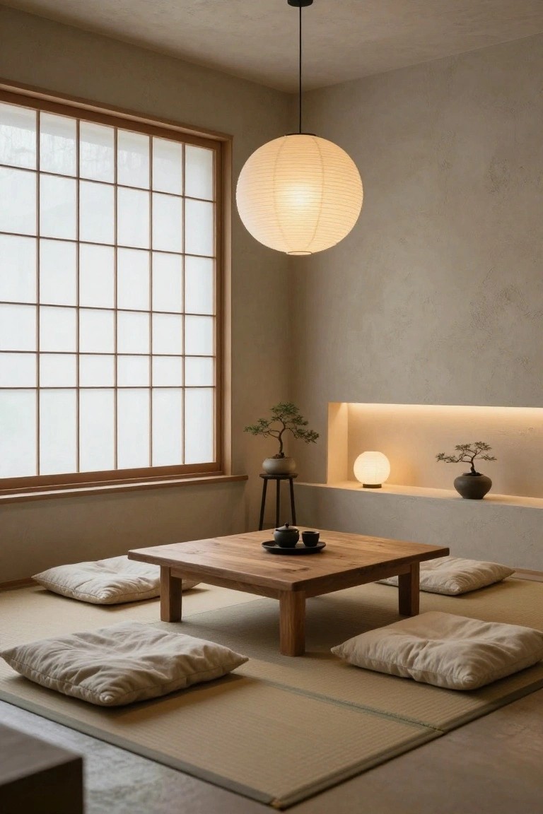 Minimalist indoor room with tatami floor mats, low wooden table, beige floor cushions, hanging white paper lantern, shoji window, bonsai plants in a lit wall niche, and black teacups on the table.