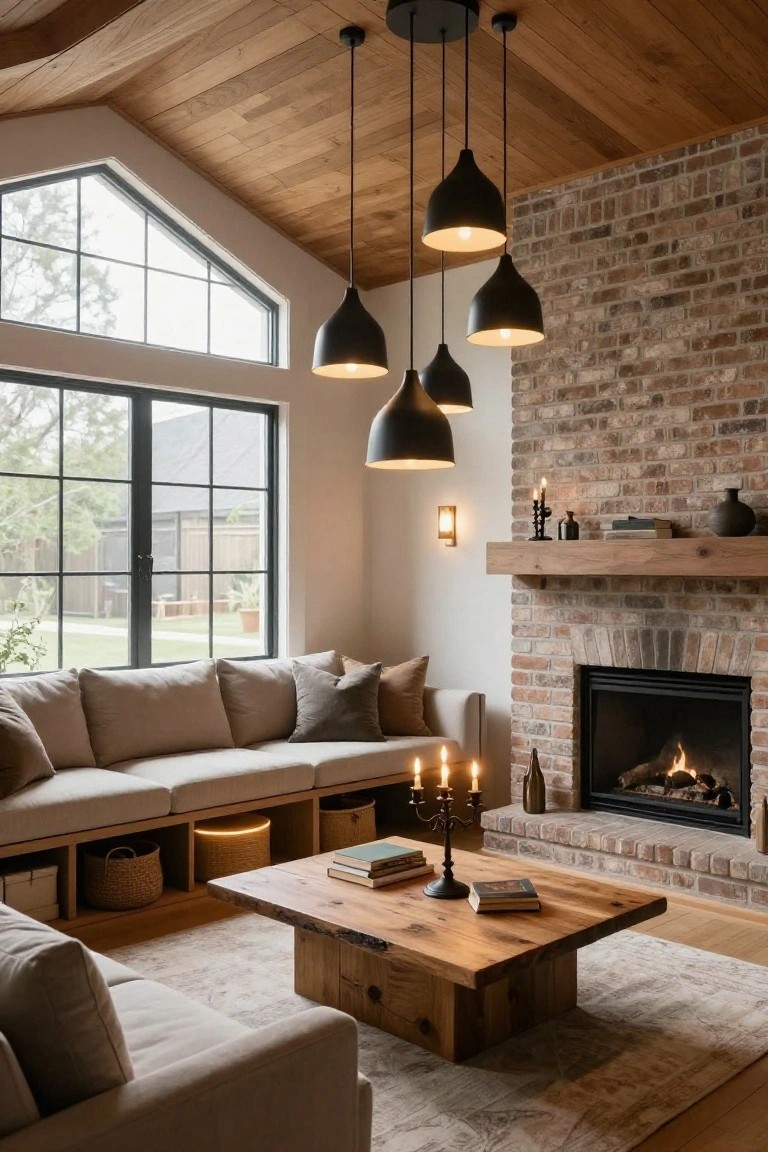 Living room featuring a beige L-shaped sofa with built-in storage, wooden coffee table, brick fireplace with gas fire and candles, multiple black pendant lights hanging from wooden ceiling beams, large windows, and neutral rug.
