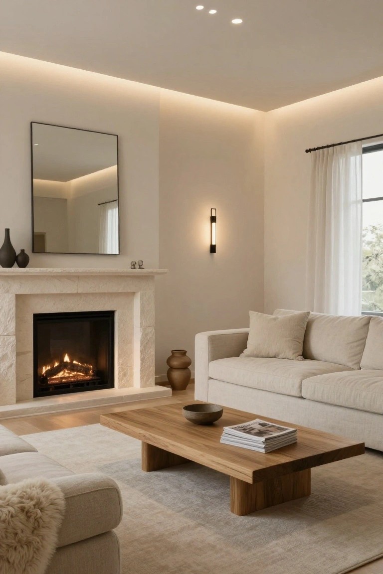 A beige living room featuring a lit stone fireplace, cream linen sofa with sheepskin throw, wooden coffee table, black-framed mirror above mantel, wall sconce, and soft ceiling lighting from recessed spots and perimeter cove LEDs.