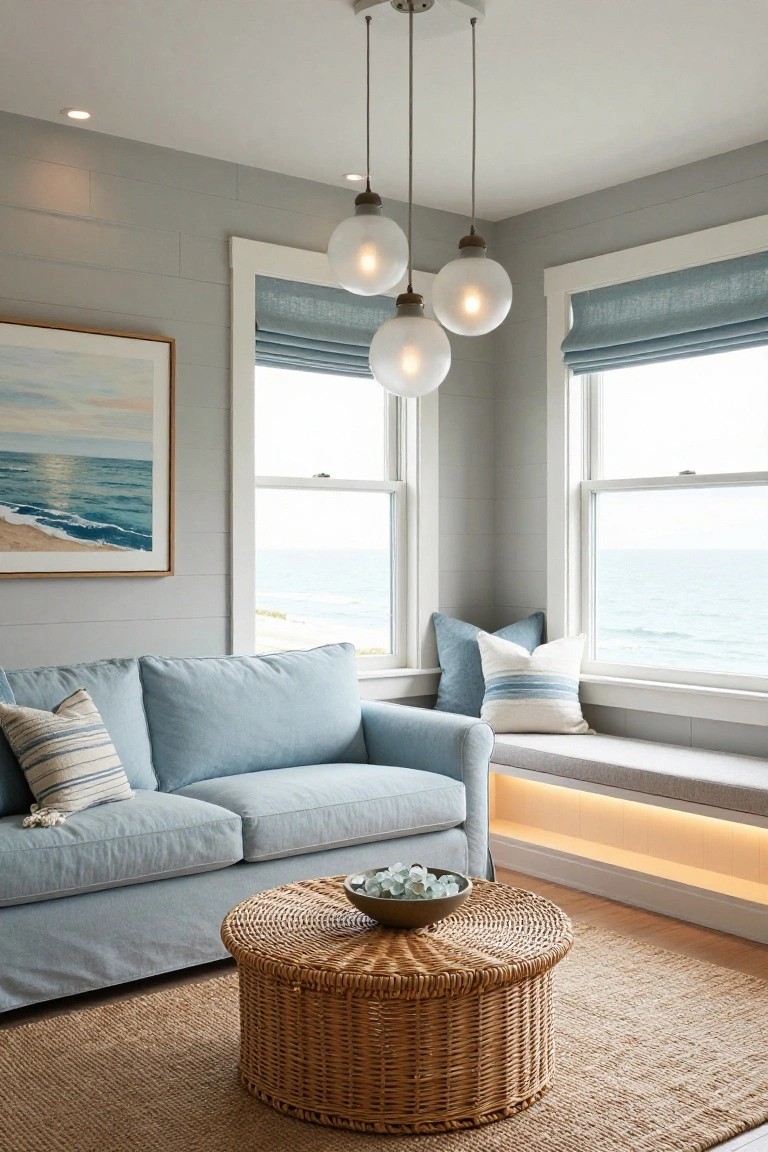 Light gray shiplap walls in a living room corner with blue slipcovered sofa, window seat cushions, rattan coffee table with sea glass bowl, large windows showing ocean view and blue roman shades, plus three hanging white globe pendant lights and recessed ceiling spots.