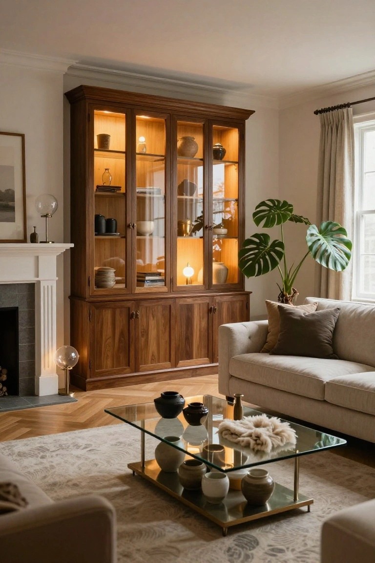 A living room with a tall wooden display cabinet featuring internal lighting on shelves holding ceramics and vases, next to a white fireplace, with a beige sofa, glass coffee table with pottery, and a large monstera plant by the window.