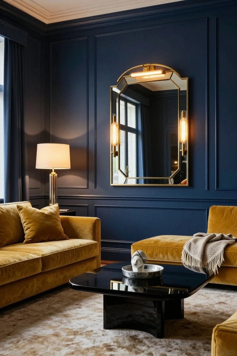 Navy blue paneled living room with mustard yellow velvet sofas, black glass coffee table, large gold arched mirror with integrated top light, matching wall sconces on either side, table lamp, and beige rug.