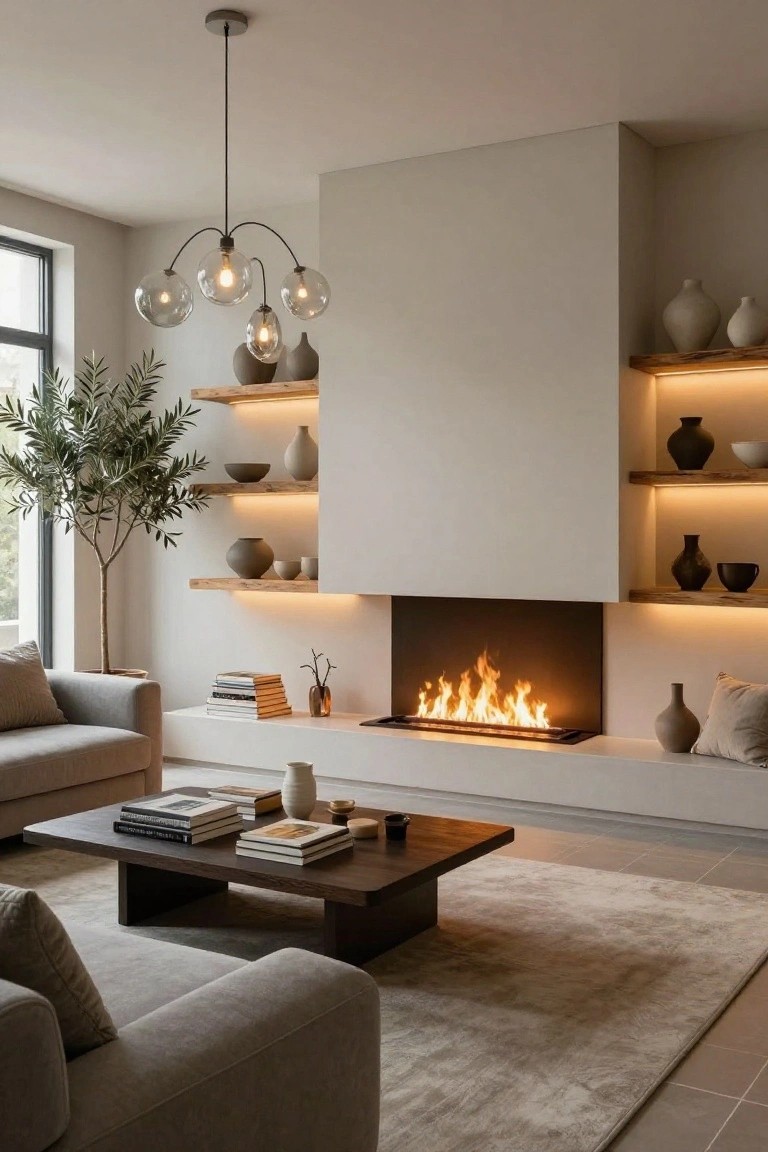 Modern living room with a built-in beige fireplace flanked by floating wooden shelves with warm LED underlighting, displaying pottery and plants, gray sofa, wood coffee table, and olive tree near a window.