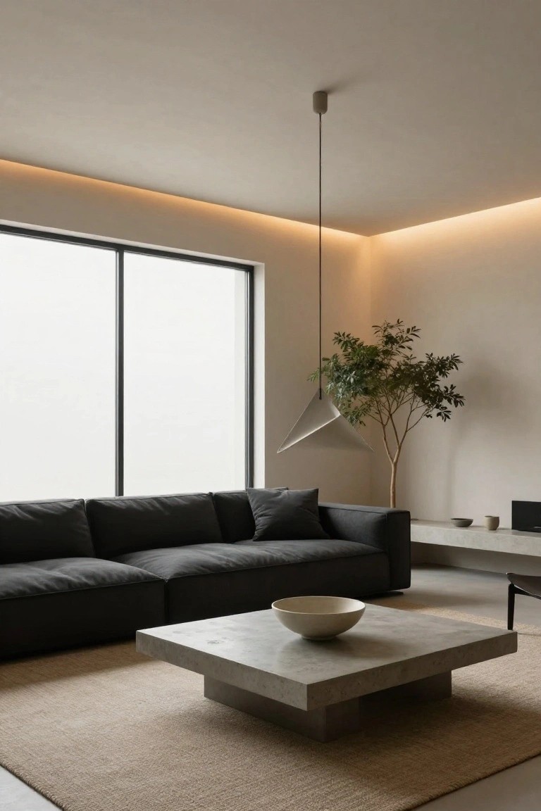 Minimalist living room with dark gray modular sofa, square concrete coffee table holding a white bowl, potted tree, triangular pendant lamp, warm recessed ceiling edge lighting, beige rug, and large frosted window.