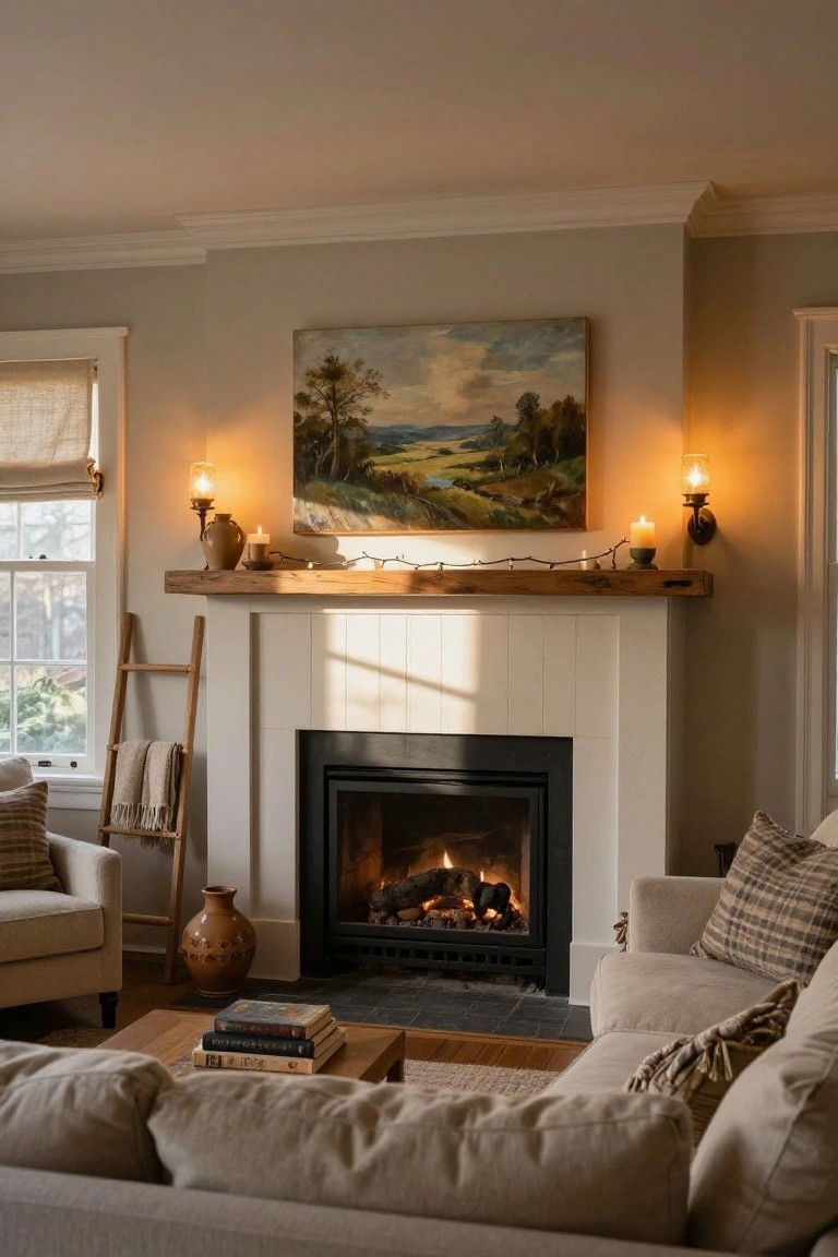 A cozy living room with a lit gas fireplace, wooden mantel holding candles, pottery, and string lights draped over branches, flanked by wall sconces, a ladder with blankets, neutral sofas, and a coffee table with stacked books.