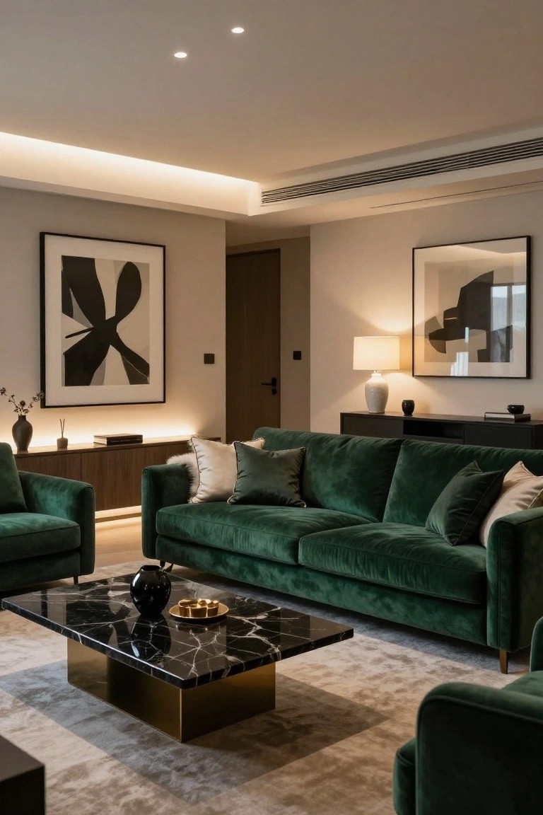 Modern living room with emerald green velvet sofas, black marble coffee table on brass base, large abstract black and white artworks, wooden media console with LED underlighting, table lamps, and recessed ceiling lights.