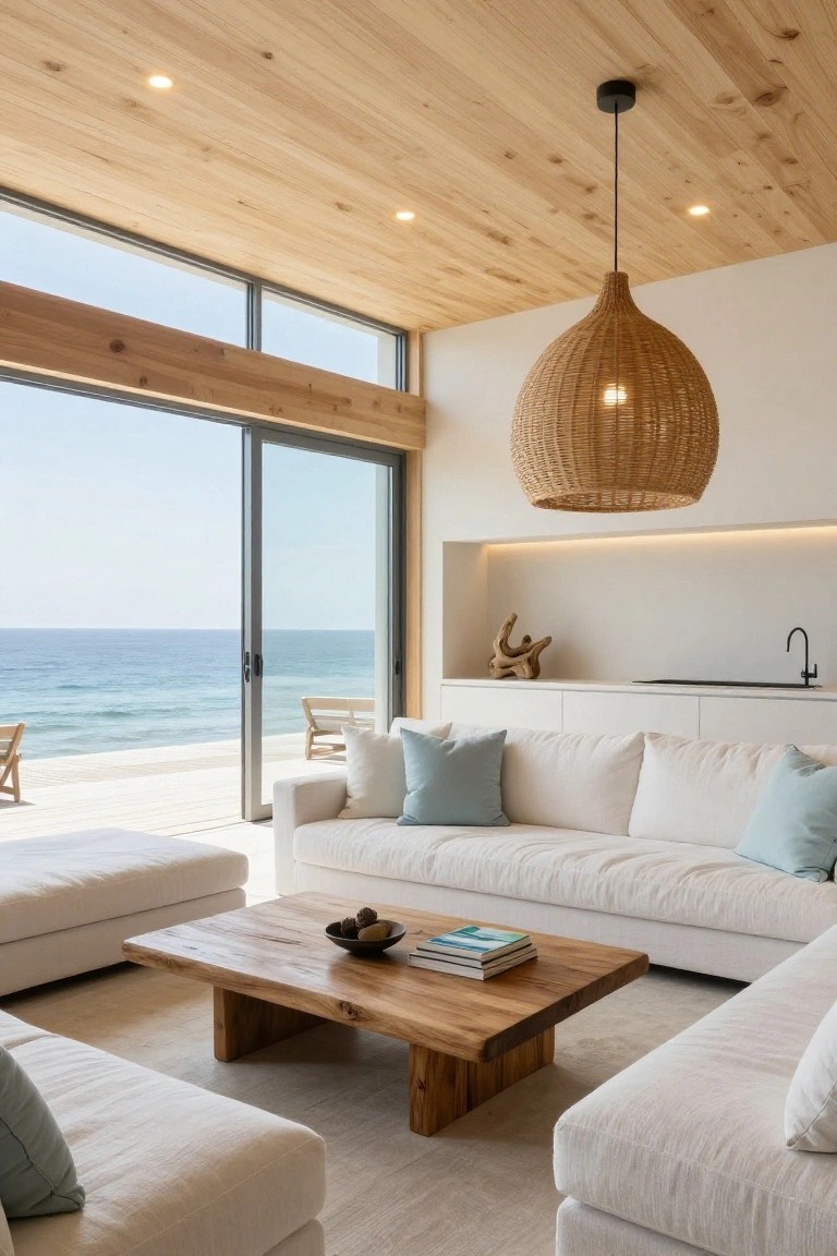 Modern living room with light wood ceiling, white sofas around a wooden coffee table, large woven pendant lamp, recessed lights, and sliding glass doors to ocean-view deck.