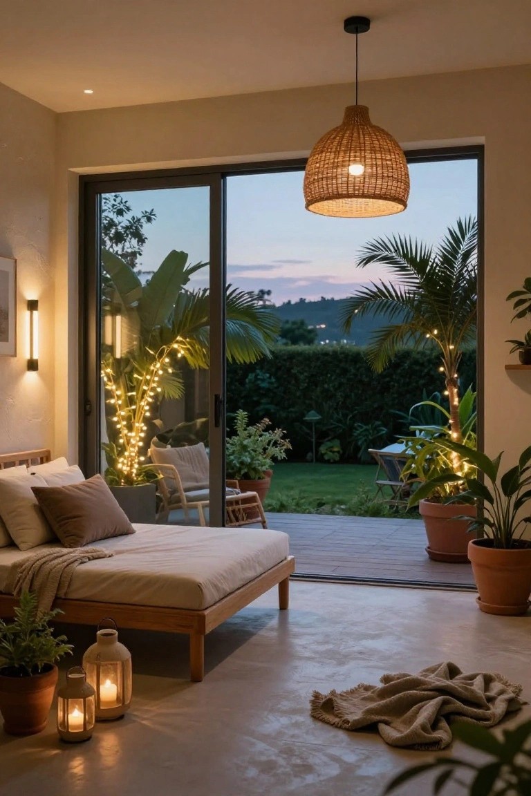 Light beige room with low wooden platform bed covered in beige linens and throw, large rattan pendant lamp overhead, glass sliding doors open to garden with palm trees strung with fairy lights, potted plants, two candle lanterns on concrete floor, warm dusk lighting.