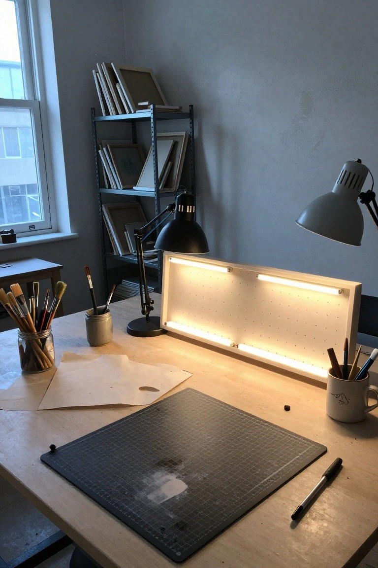 Artist's workspace on a wooden desk with black cutting mat, jars of brushes, paper palette, coffee mug, adjustable lamps nearby, and a white backlit panel with two lit tubes, shelves of frames on metal rack in background, gray walls and window.