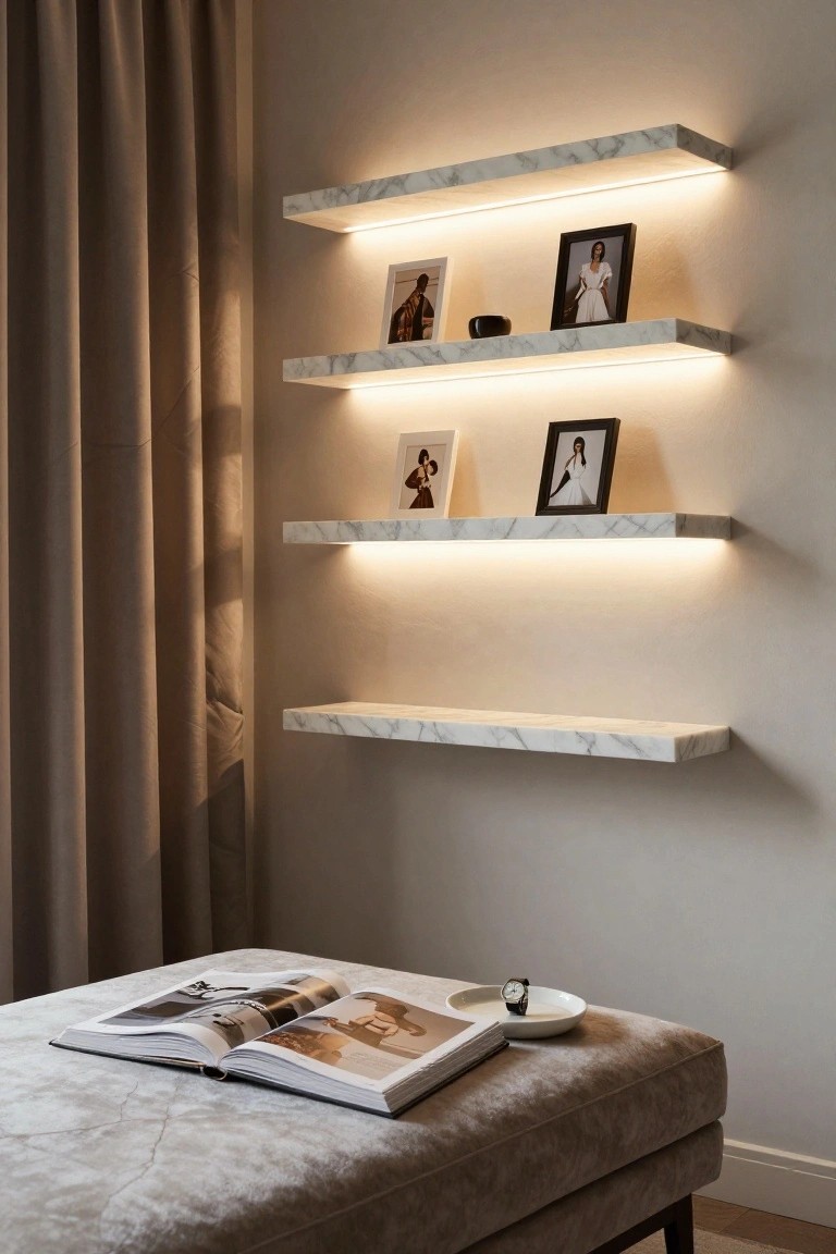 Corner of a beige room with four floating white marble shelves backlit by slim LED strips, holding framed photos and objects, next to curtains and a tufted ottoman with open book and saucer holding watch.