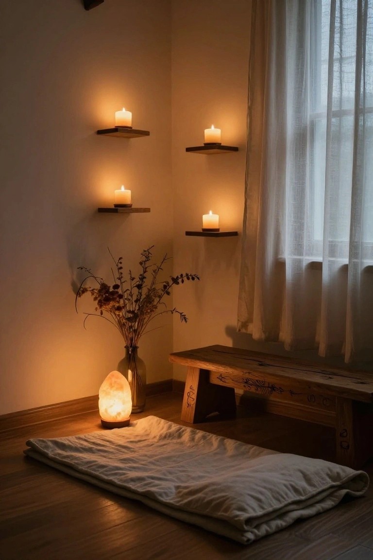 Indoor corner with wooden floating shelves holding lit candles, a glowing pink Himalayan salt lamp on the floor, dried flowers in a glass vase, a carved wooden bench, and a folded white futon mat on wooden flooring near a window with sheer curtains.