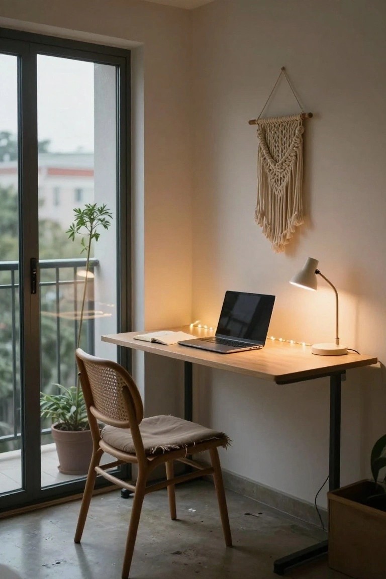 Wooden desk with open laptop, notebook, lit white gooseneck desk lamp, string lights along the back edge, rattan chair, plants, macrame wall hanging, and window to balcony in a light-filled room.