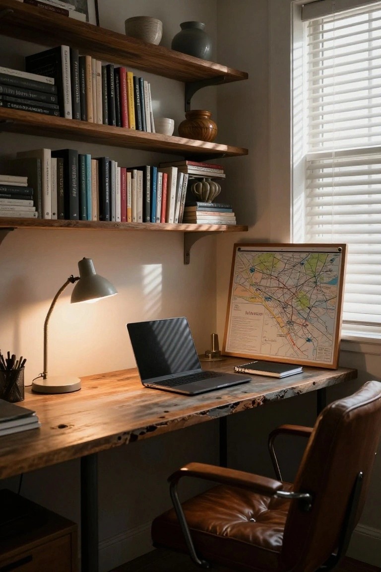Home office corner with wooden bookshelves filled with books and ceramics, a live-edge wooden desk holding a laptop, notebook, and adjustable gray desk lamp turned on, a leather chair, and a framed map on the wall next to a window with blinds.