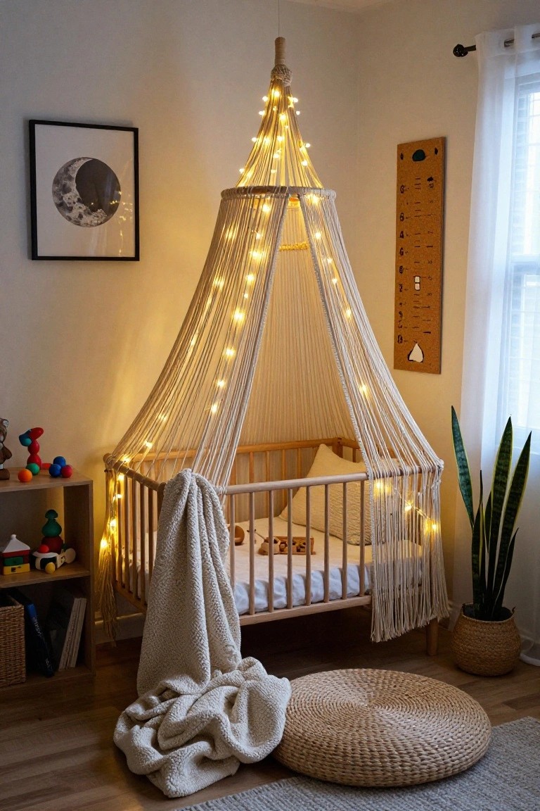 A white wooden crib with a draped gray blanket and pillows under a tall conical macrame canopy strung with fairy lights in a light nursery room with toys, a height chart, and a potted plant.