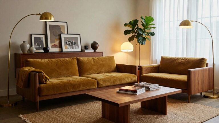 Living room corner with mustard yellow velvet sofa, wooden coffee table on beige rug, tall potted fiddle leaf fig plant, gold arched floor lamp, wooden sideboard holding magazines and vase next to a window.